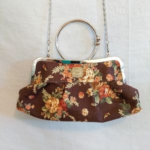 Anna Sui Cloth Clutch Purse W/ Chain Brown Roses Floral